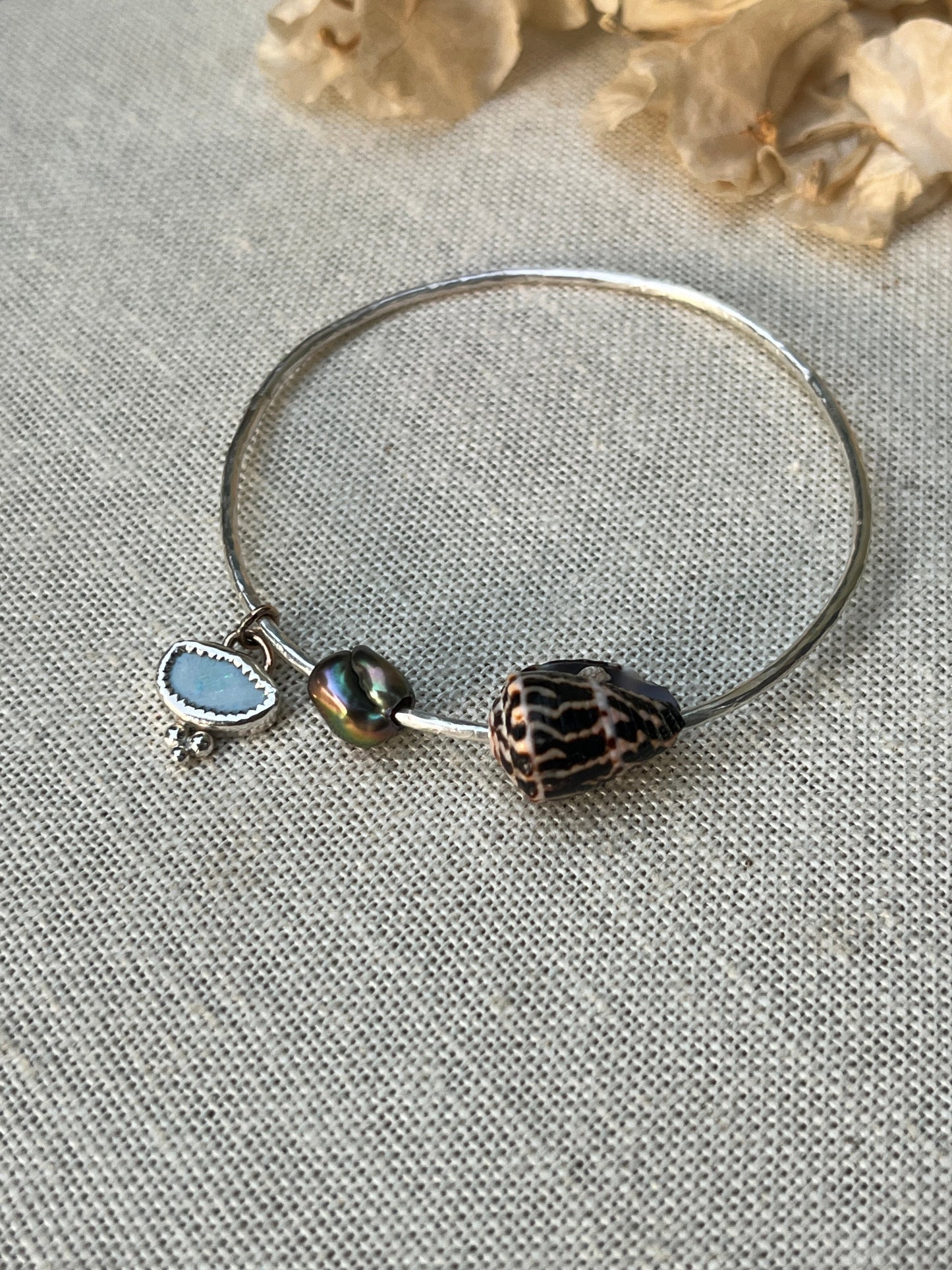 Sterling Opal x Tahitian Keshi Pearl x Chaldean Cone Shell Bangle