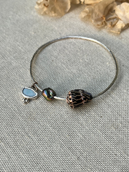Sterling Opal x Tahitian Keshi Pearl x Chaldean Cone Shell Bangle