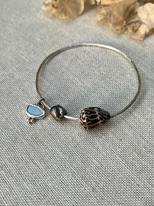 Sterling Opal x Tahitian Keshi Pearl x Chaldean Cone Shell Bangle