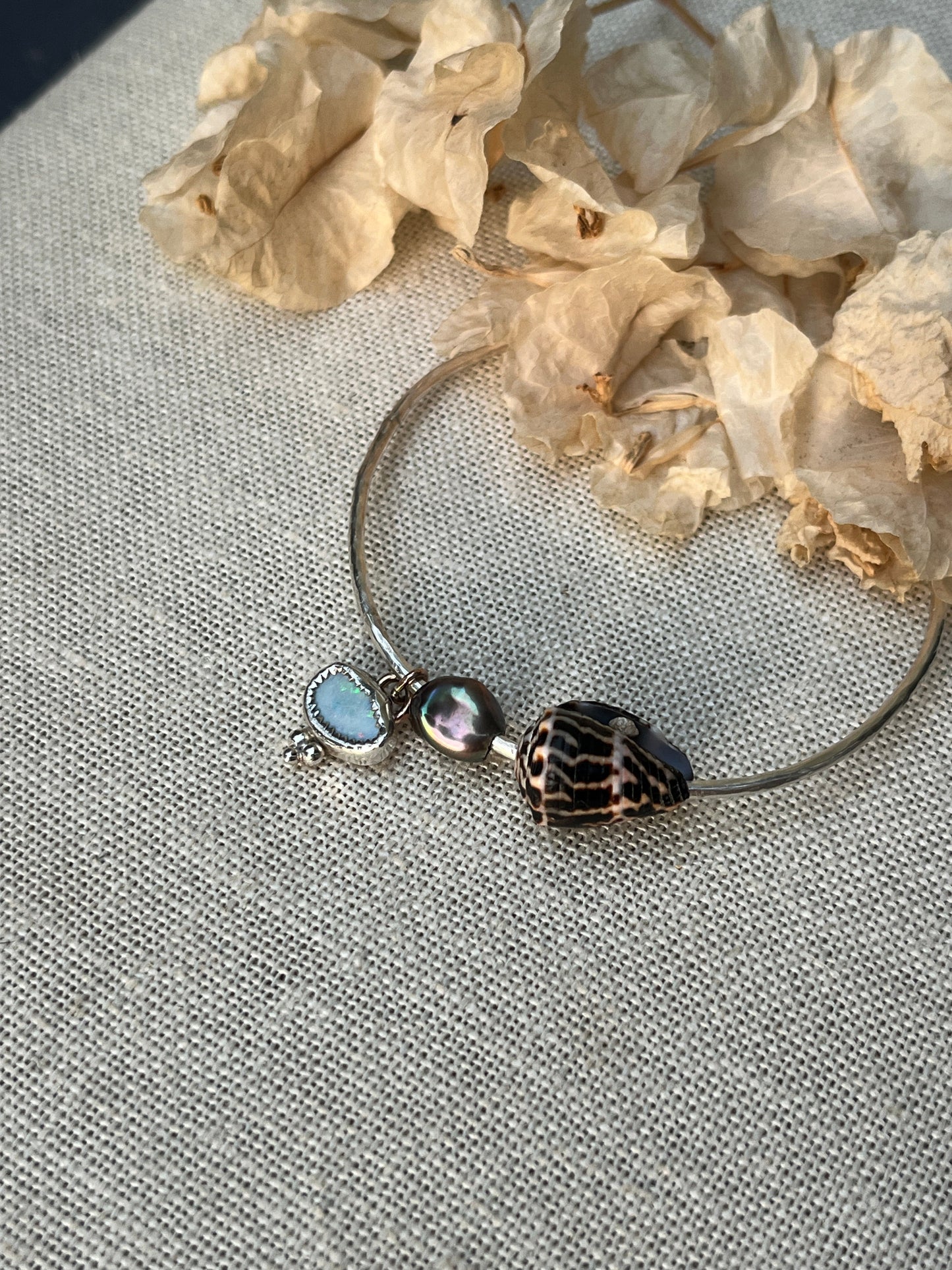 Sterling Opal x Tahitian Keshi Pearl x Chaldean Cone Shell Bangle