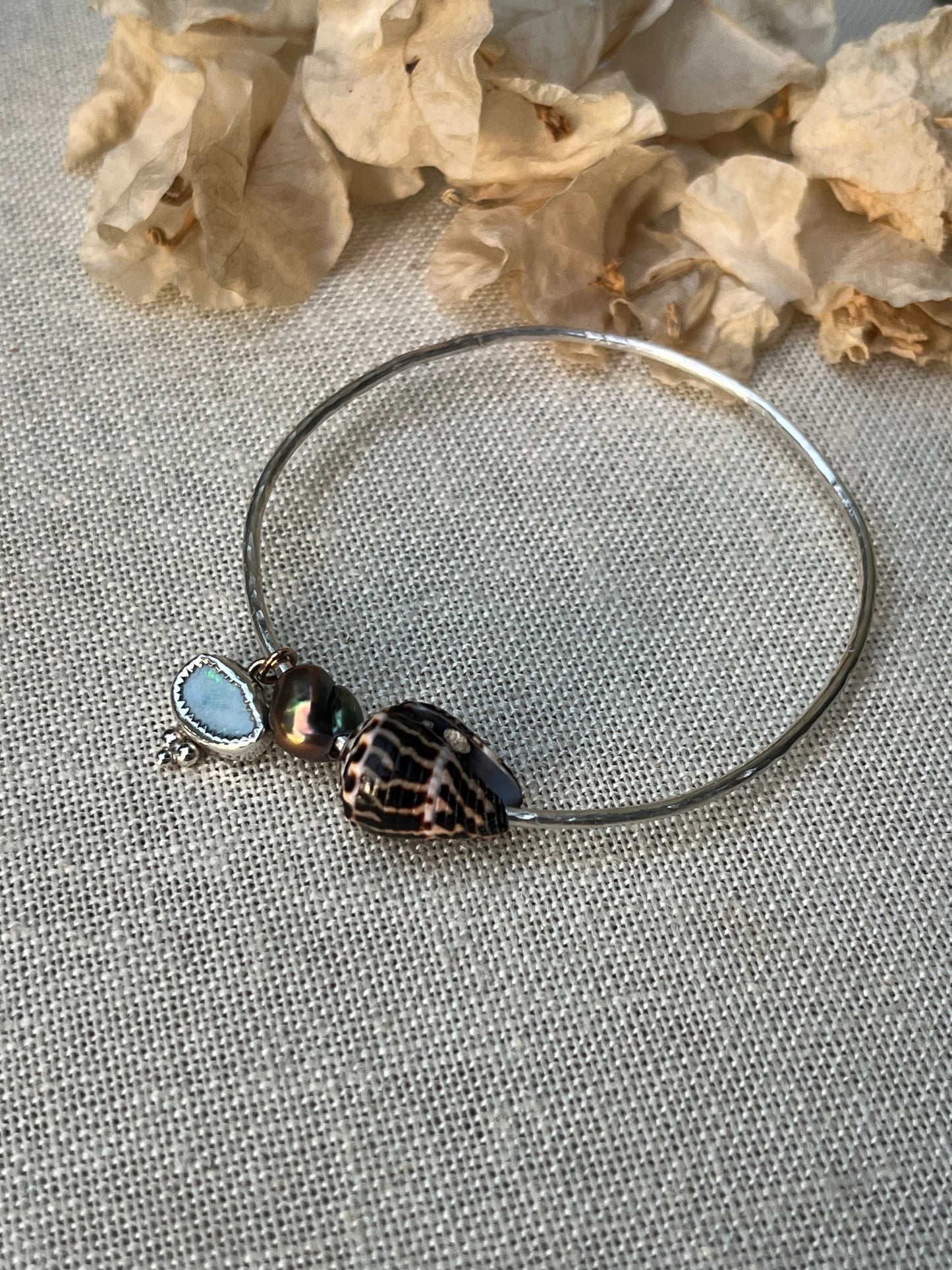 Sterling Opal x Tahitian Keshi Pearl x Chaldean Cone Shell Bangle