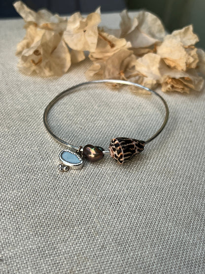 Sterling Opal x Tahitian Keshi Pearl x Chaldean Cone Shell Bangle