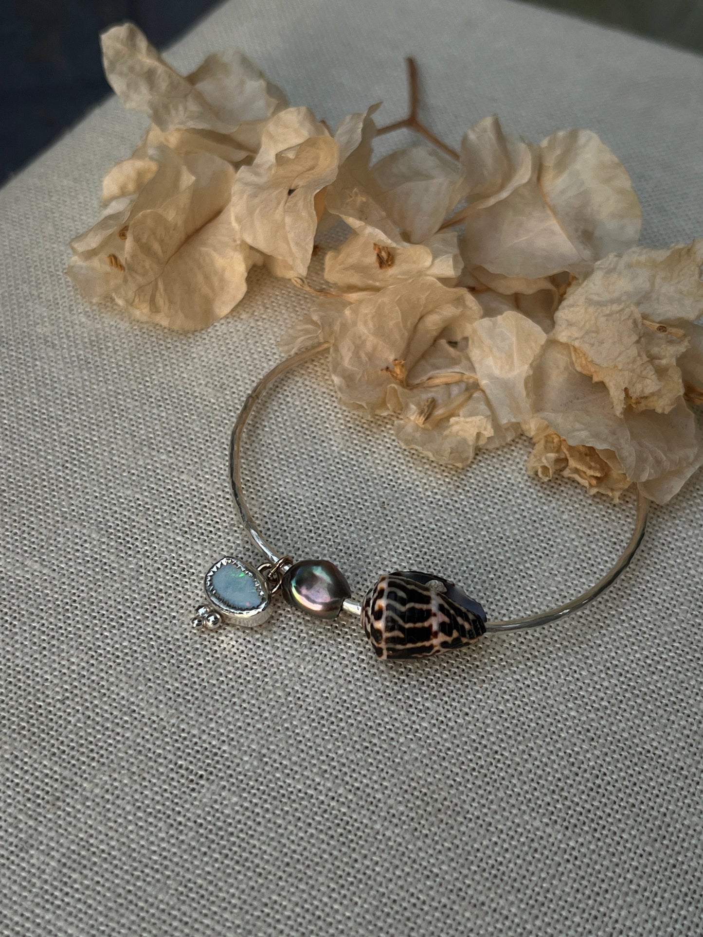 Sterling Opal x Tahitian Keshi Pearl x Chaldean Cone Shell Bangle