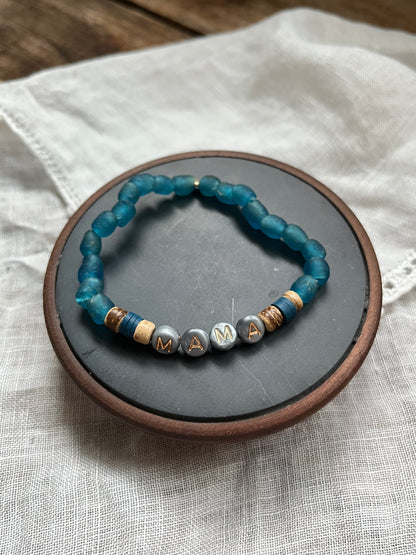 recycled sea glass + coconut word bracelet