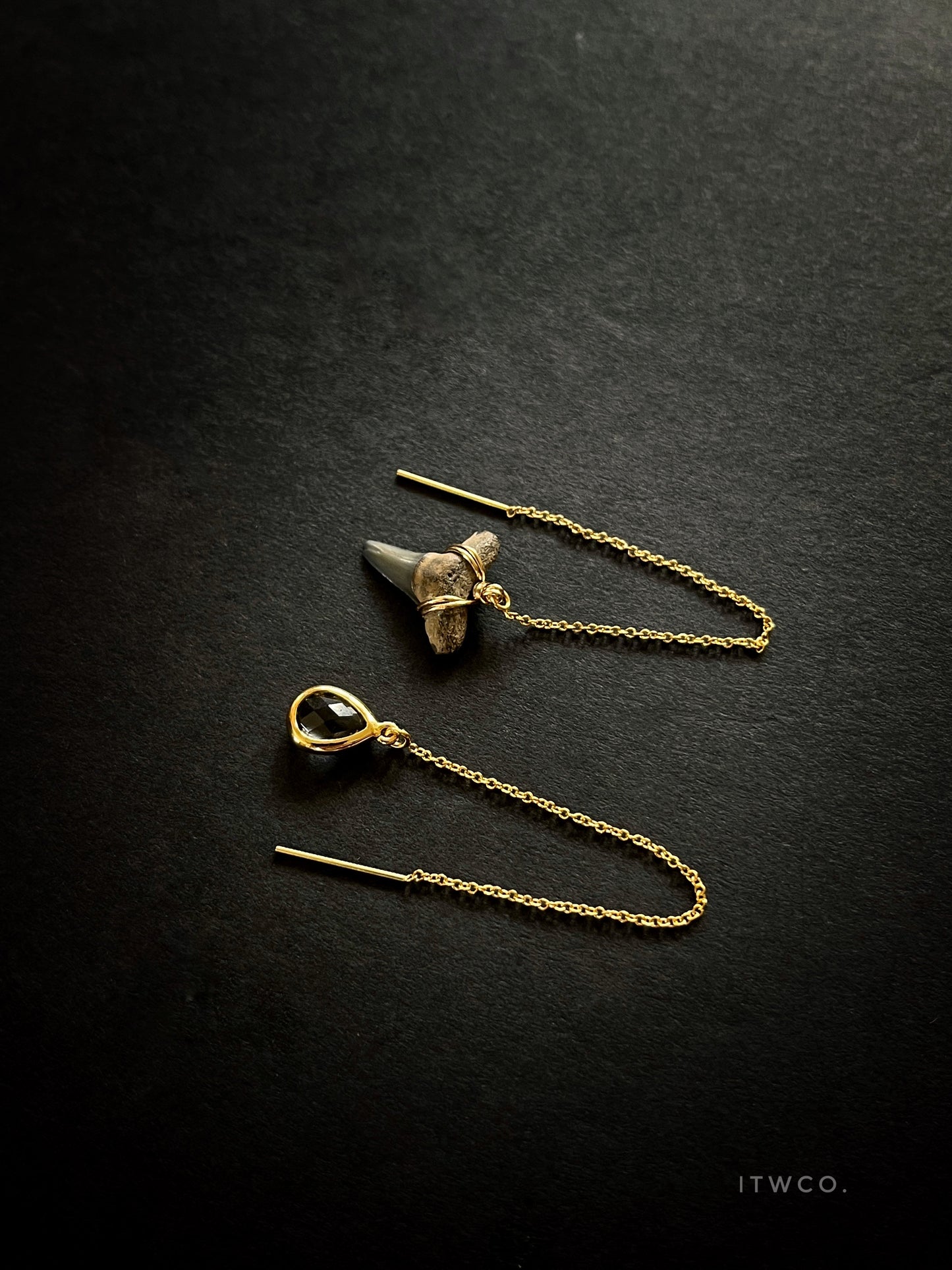 Shark Tooth + Tourmaline Threader Earrings
