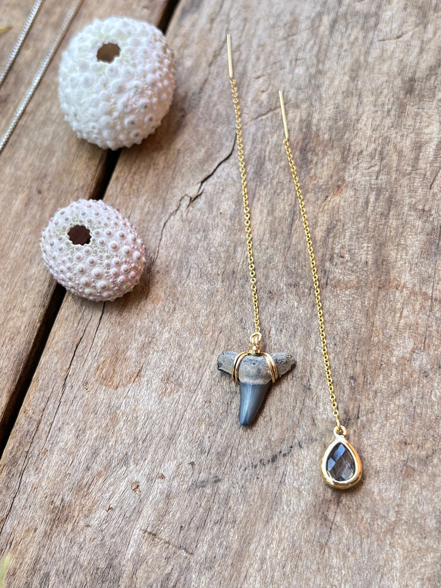 Shark Tooth + Tourmaline Threader Earrings